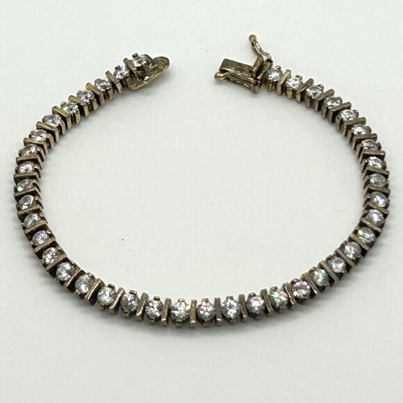 Jewelry - Vintage Sterling Silver Tennis Bracelet Gold Vermeil CZ Round Cut Cubic Zirconia